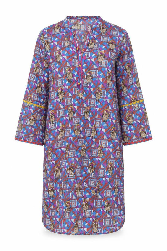 Front view of Bonanza women’s blue geometric cotton kaftan, size UK 8, v-neck pullover