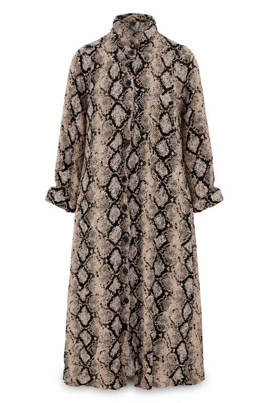Front view of Next women’s multicoloured animal print viscose shirt dress, size UK 6, collared button - snakeskin pattern