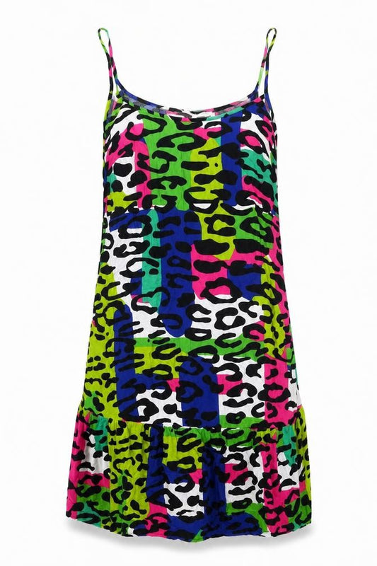 Front view of Matalan women’s multicoloured geometric viscose slip dress, size UK 8, round neck pullover