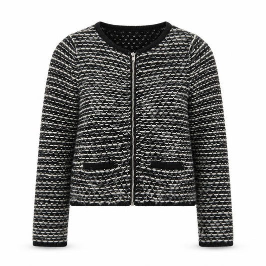 Front view of H&M women’s black round neck geometric cotton full zip jumper, size S