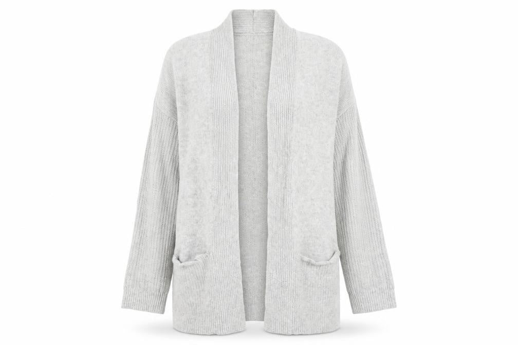 Front view of LOFT women’s grey v-neck viscose cardigan jumper, size XS