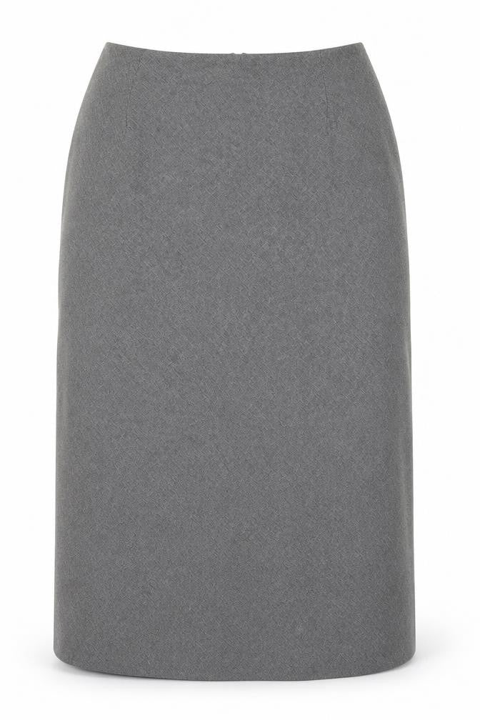 Front view of Essence women’s grey polyester a-line skirt, size UK 12, zip