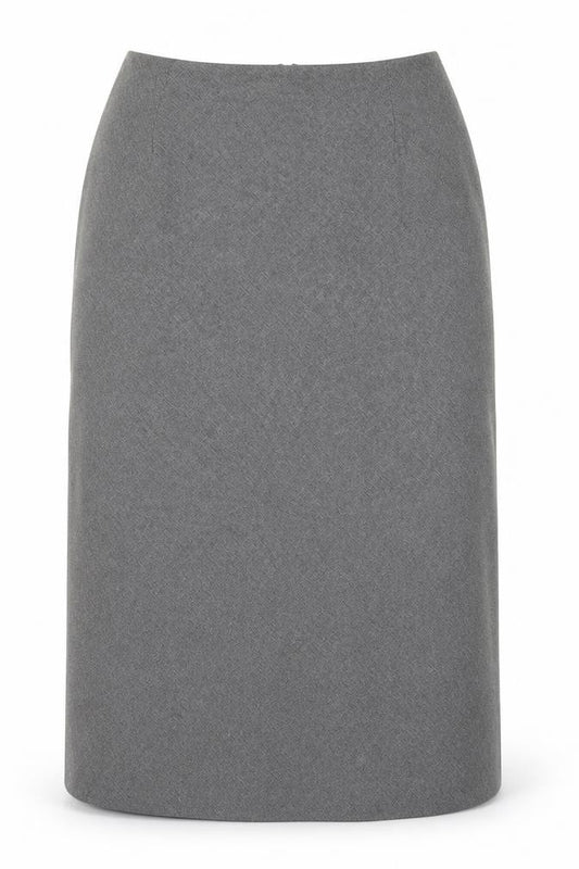 Front view of Essence women’s grey polyester a-line skirt, size UK 12, zip