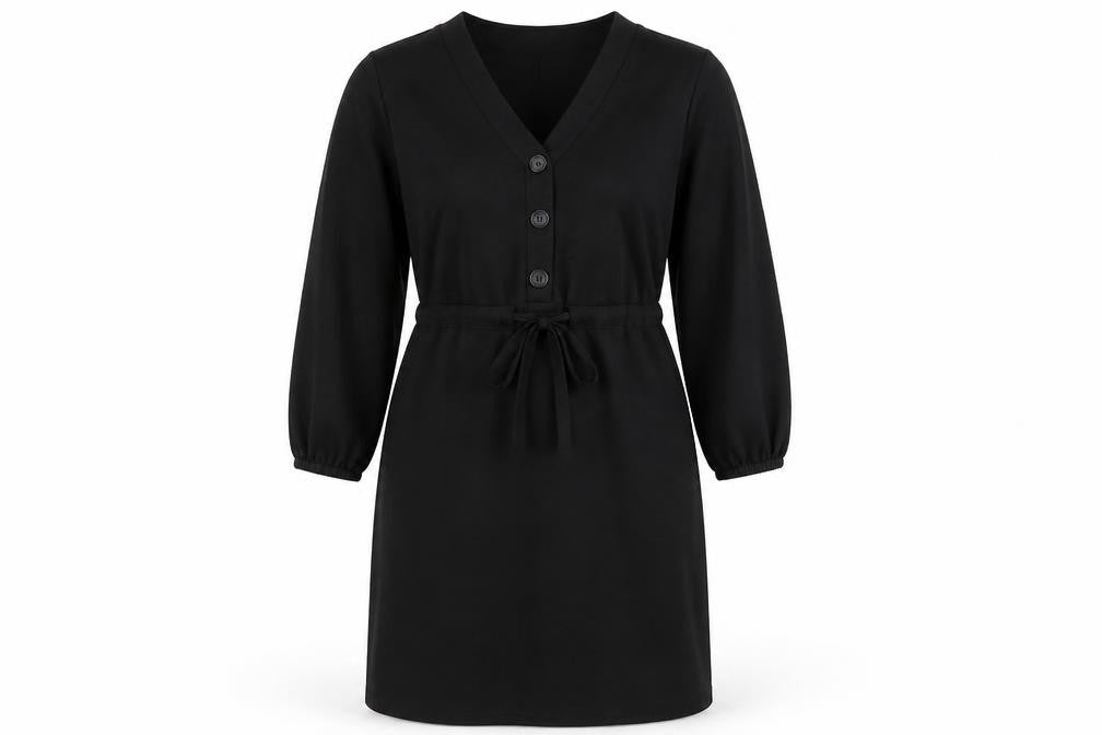 Front view of Primark women’s black polyester pencil dress, size UK 12, v-neck button