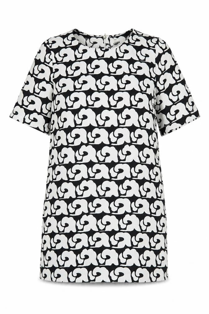 Front view of Glamorous women’s black geometric polyester shift, size XS, boat neck zip
