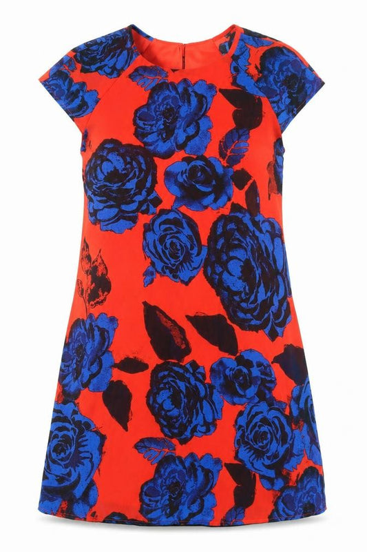 Front view of River Island women’s red floral polyester shift, size UK 8, round neck button