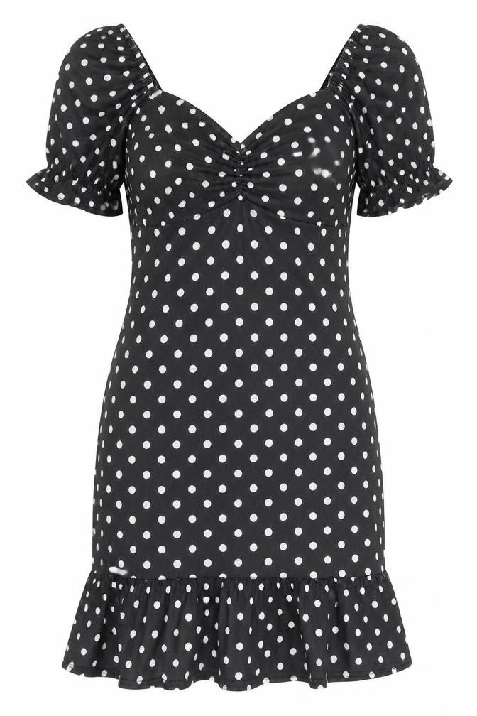 Front view of Somebody Else women’s black polka dot polyester pencil dress, size M, v-neck pullover