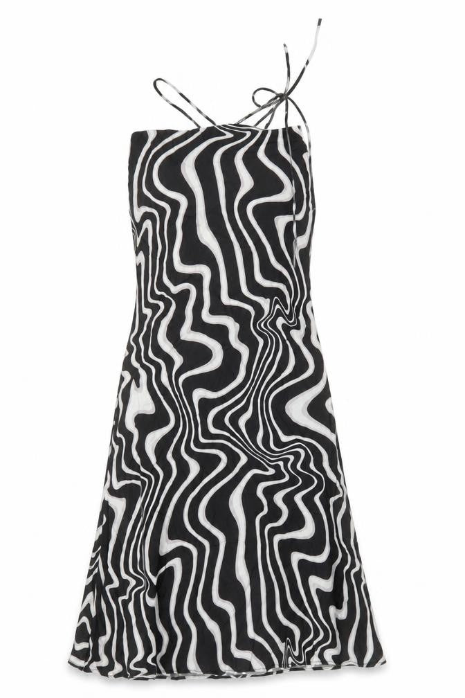 Front view of Zara women’s black geometric polyester a-line, size S, square neck tie