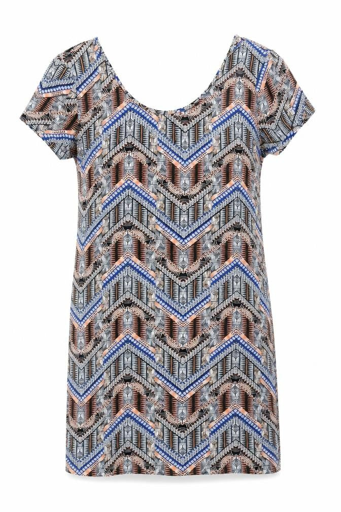 Front view of New Look women’s multicoloured geometric cotton shift, size UK 14, scoop neck pullover