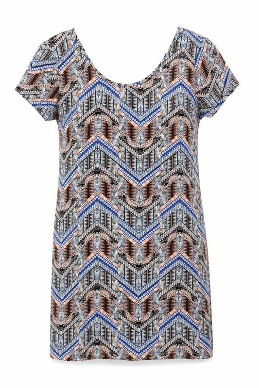 Front view of New Look women’s multicoloured geometric cotton shift, size UK 14, scoop neck pullover