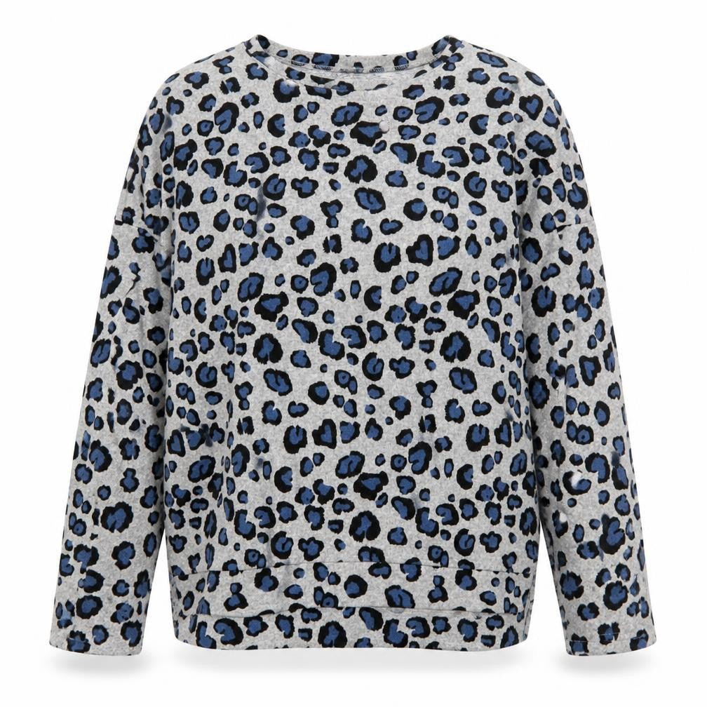 Front view of Stella Morgan women’s grey round neck animal print polyester jumper, size UK 12
