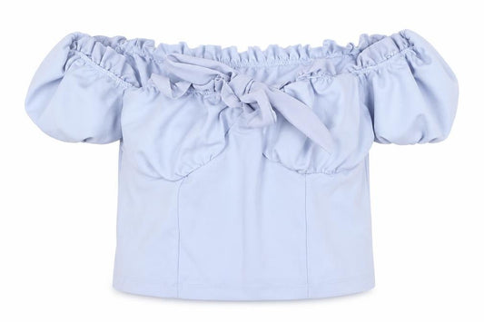 Front view of New Look women’s blue polyester cropped blouse, size UK 14, off the shoulder