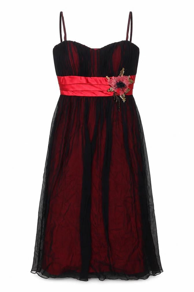 Front view of Libra women’s black silk a-line, size UK 10, sweetheart zip - brooch