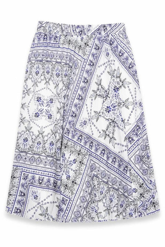 Front view of H&M women’s blue geometric polyester a-line skirt, size UK 8