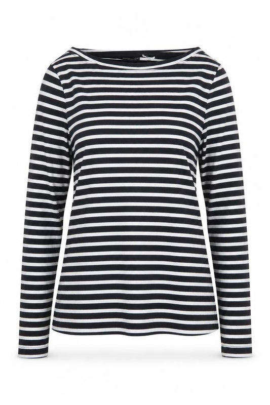 Front view of ASOS women’s blue striped polyester basic blouse, size UK 8, boat neck