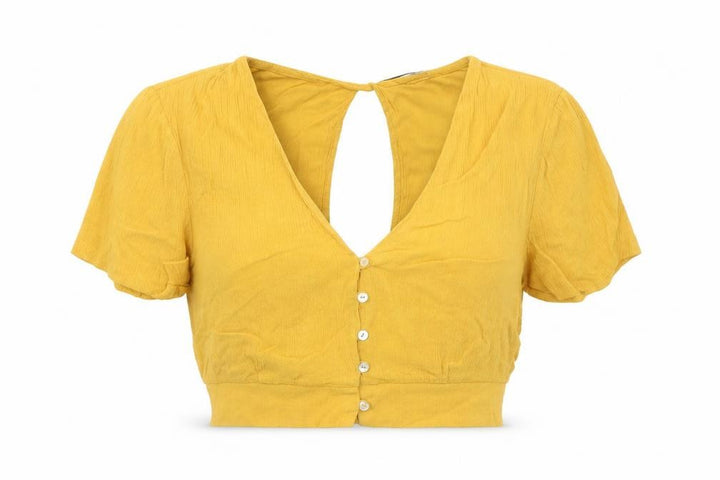 Pull&Bear Womens Yellow Viscose Cropped Blouse Size M V-Neck - Open Back