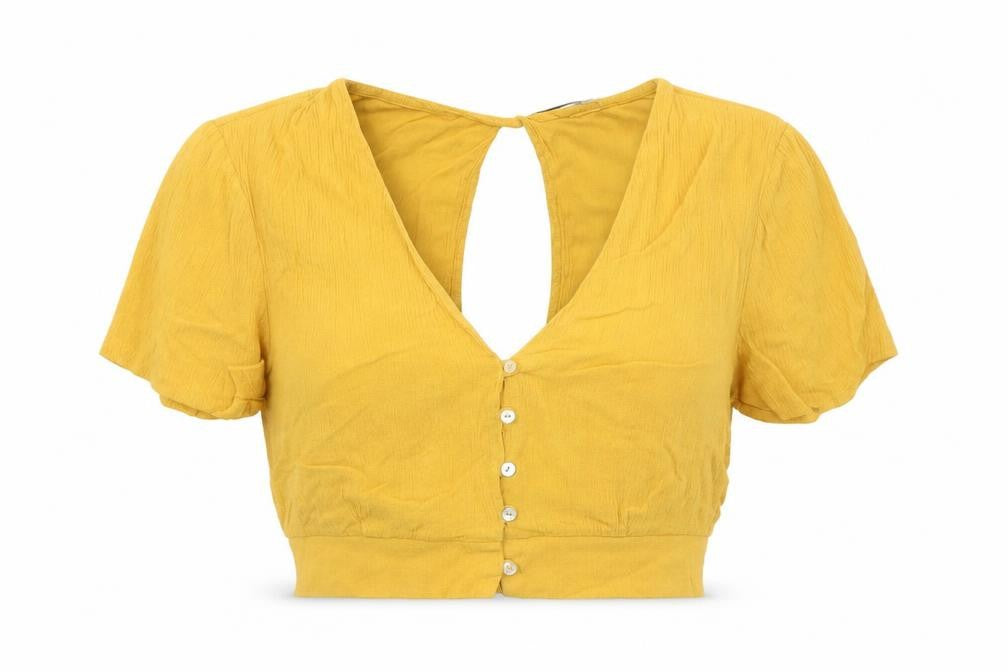 Pull&Bear Womens Yellow Viscose Cropped Blouse Size M V-Neck - Open Back
