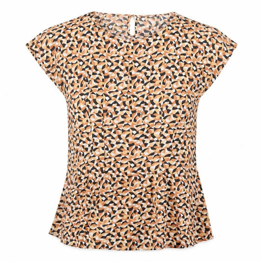 Front view of Marks & Spencer women’s orange geometric viscose basic blouse, size UK 8, boat neck