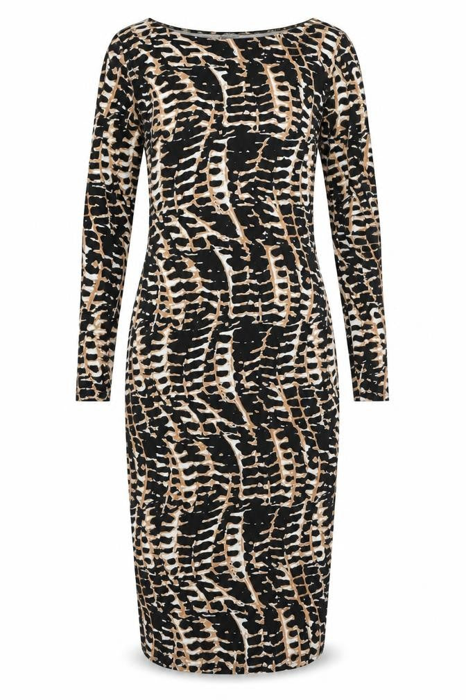 Front view of Buzy women’s multicoloured geometric viscose sheath, size S, boat neck pullover