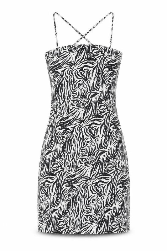 Front view of Misspap women’s multicoloured animal print polyester tank dress, size UK 10, scoop neck zip