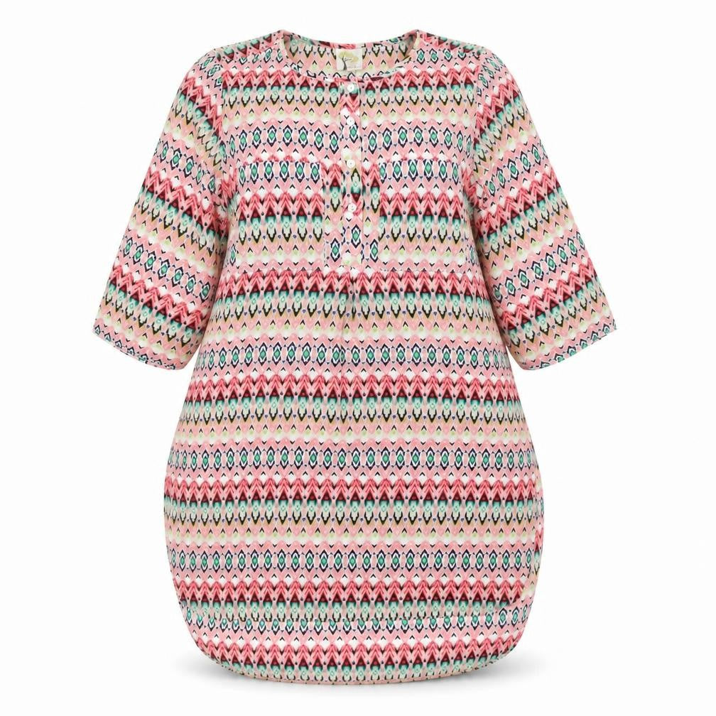 Front view of Figueroa & Flower women’s multicoloured geometric polyester kaftan, size M, round neck button