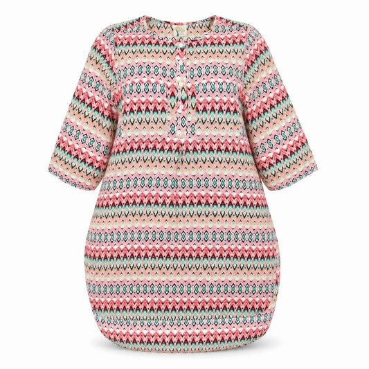 Front view of Figueroa & Flower women’s multicoloured geometric polyester kaftan, size M, round neck button