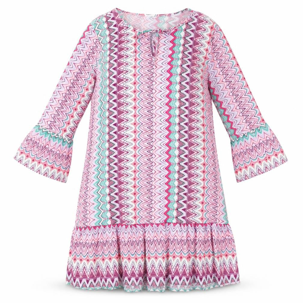 Front view of women’s multicoloured geometric polyester shift, size L, round neck tie