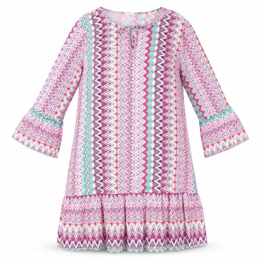 Front view of women’s multicoloured geometric polyester shift, size L, round neck tie