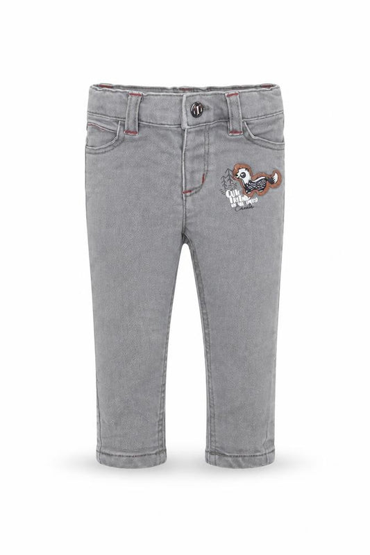 Front view of creeks Baby Grey Cotton Capri Jeans, size 3-6, Months Zip