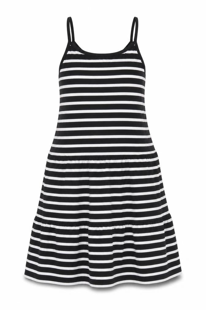 Marks and Spencer Girls Black Striped 100% Cotton Skater Dress Size 6-7 Years Square Neck Pullover