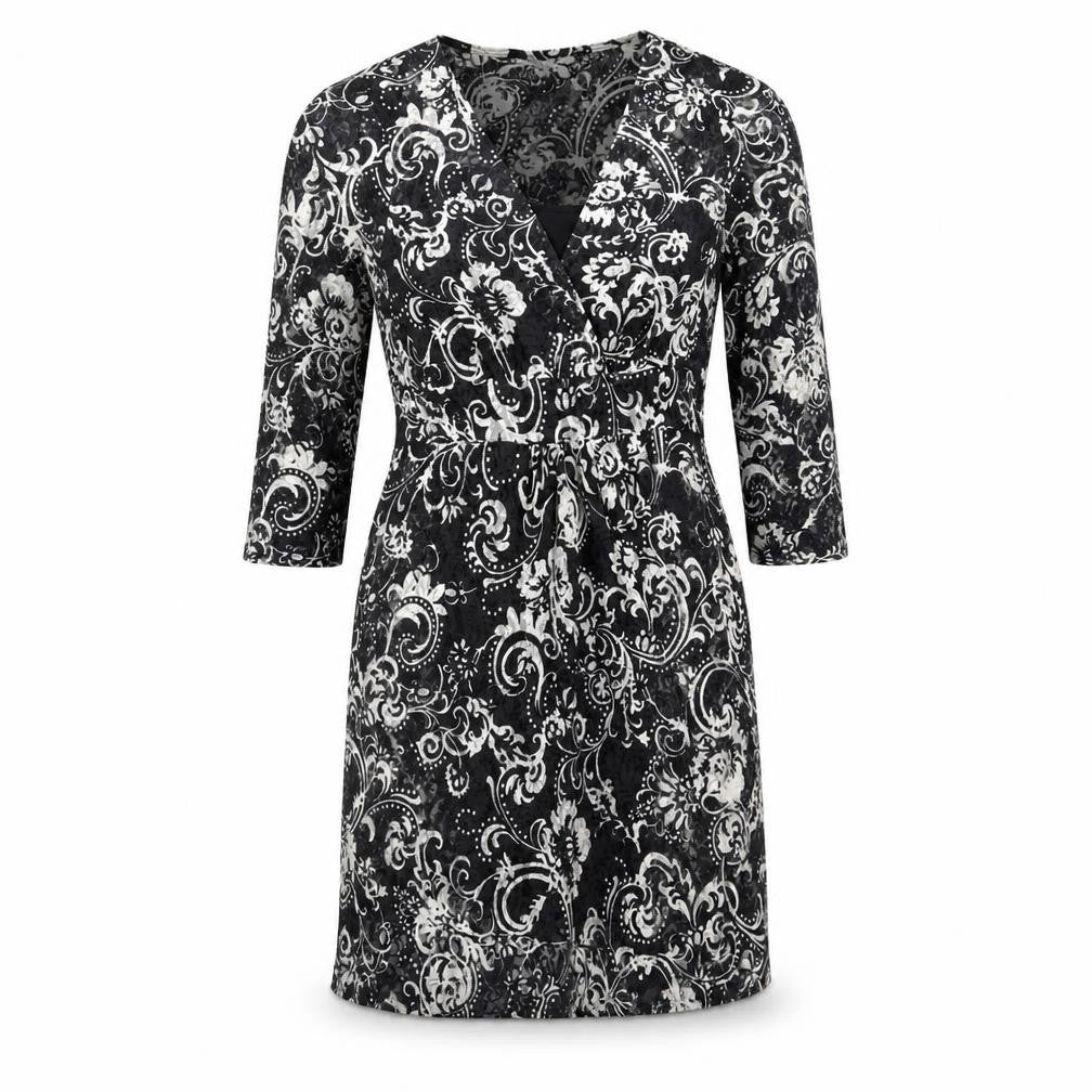Front view of Kaliko women’s black paisley polyester a-line, size UK 10, v-neck pullover