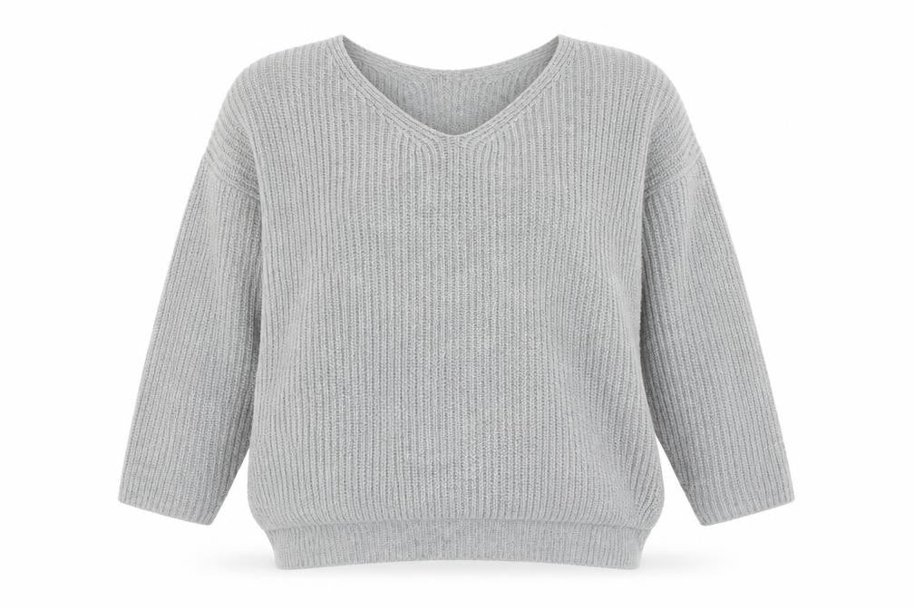 Front view of Topshop women’s grey v-neck acrylic jumper, size UK 6