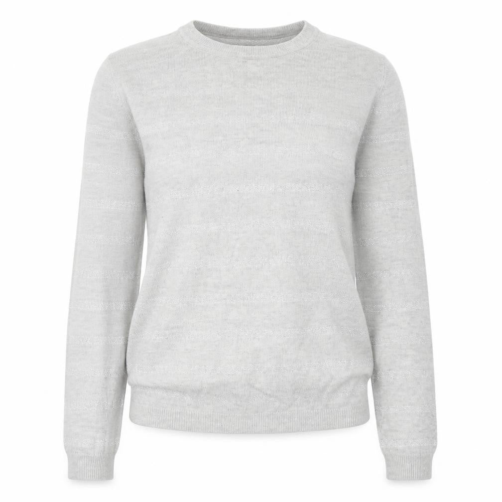 Front view of Linea women’s grey round neck striped viscose jumper, size XS