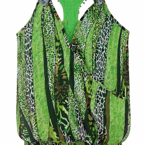 Jaune Rouge Womens Green Animal Print Polyester Wrap Tank Size M V-Neck - Leopard Print Faux Wrap Racerback
