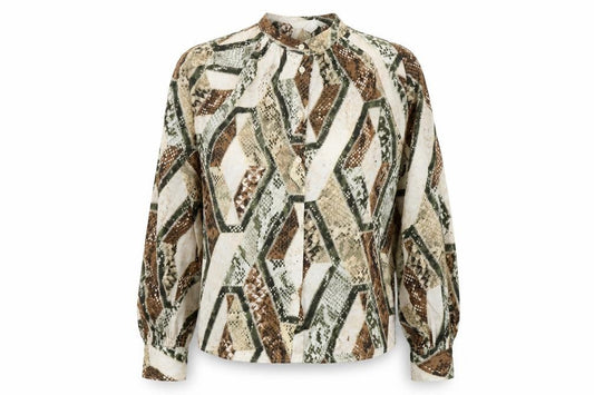 Front view of H&M women’s multicoloured geometric polyester basic button-up, size UK 6, round neck - snake skin print