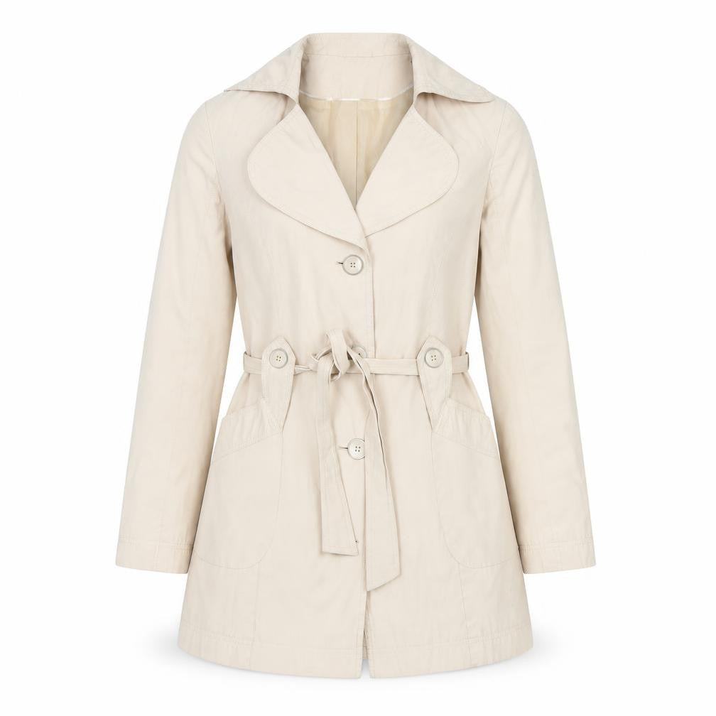 Front view of BHS women’s beige trench coat coat, size UK 10, button