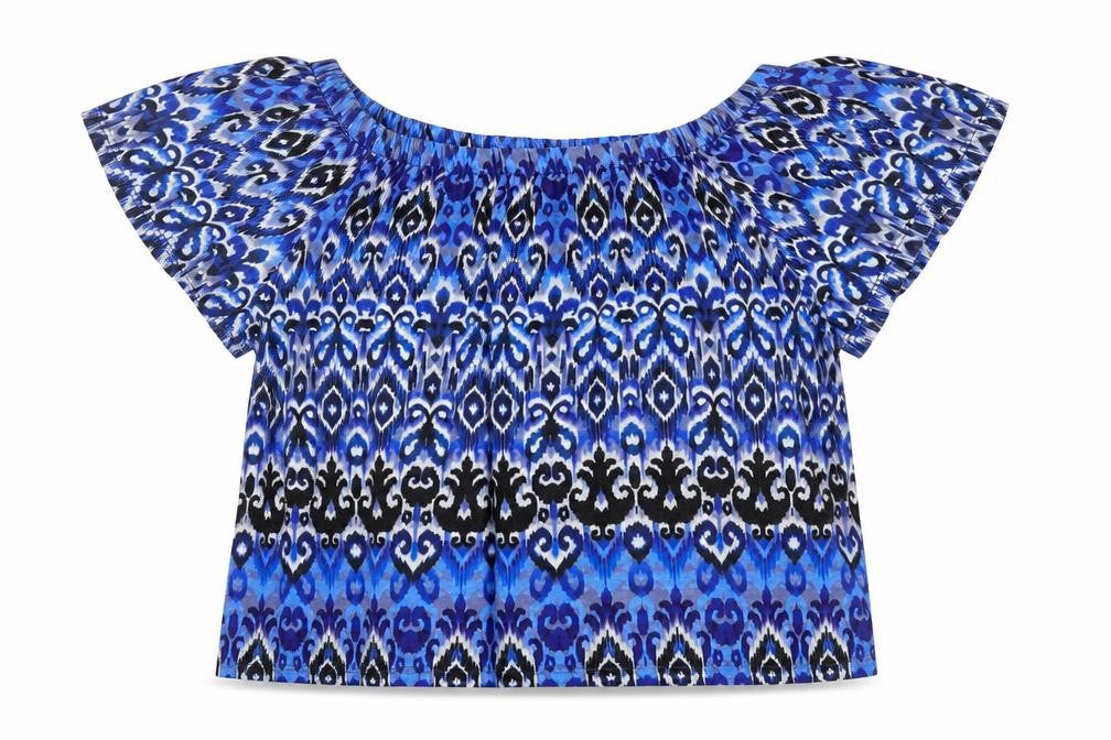 Front view of M&Co women’s blue geometric polyester basic t-shirt, size S, boat neck