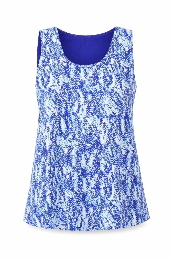 Front view of Marks & Spencer women’s blue geometric polyester basic tank, size UK 10, scoop neck