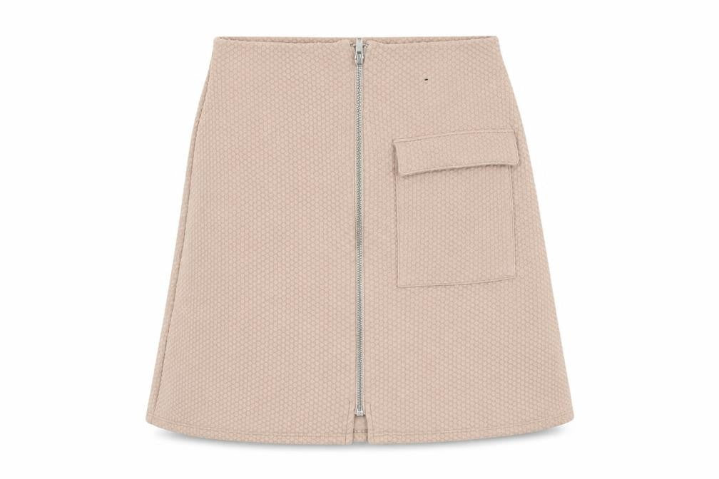 Front view of Atmosphere women’s pink polyester mini skirt, size UK 8, zip