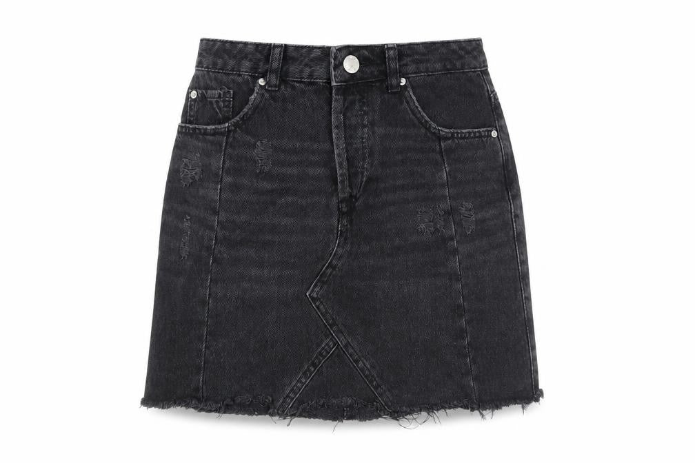 Front view of Miss Selfridge women’s black cotton a-line skirt, size UK 8, button