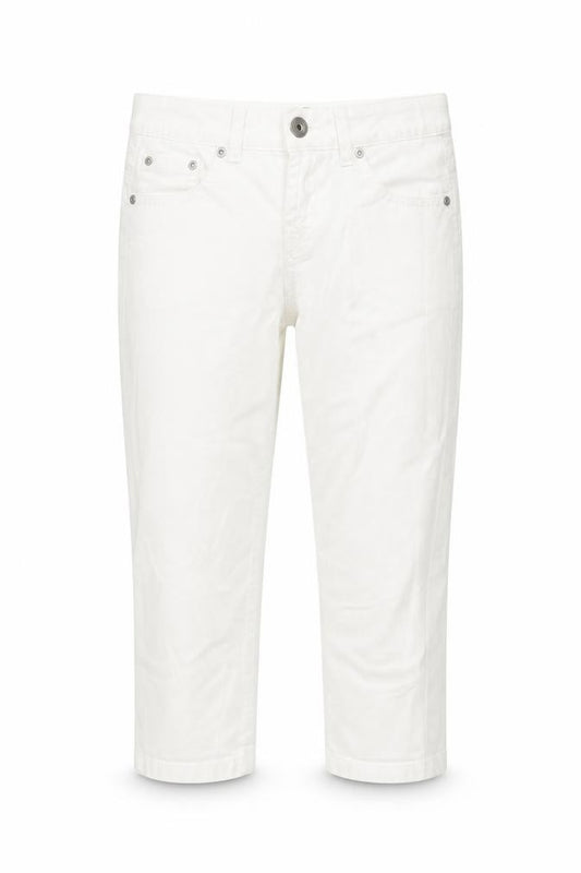 Front view of Denim & Co. women’s white cotton cropped jeans, size UK 12, 20-inch leg regular button