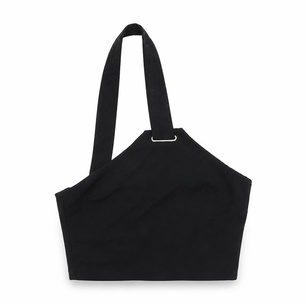 Front view of Missguided women’s black polyester cropped tank, size L, one shoulder