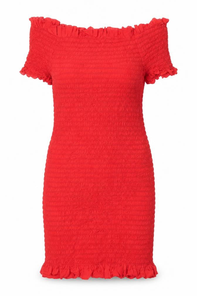 Front view of Milk It women’s red viscose sheath, size L, off the shoulder pullover - shirred