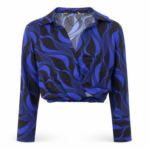 Zara Womens Blue Geometric Polyester Cropped Blouse Size XS Collared - Faux Wrap