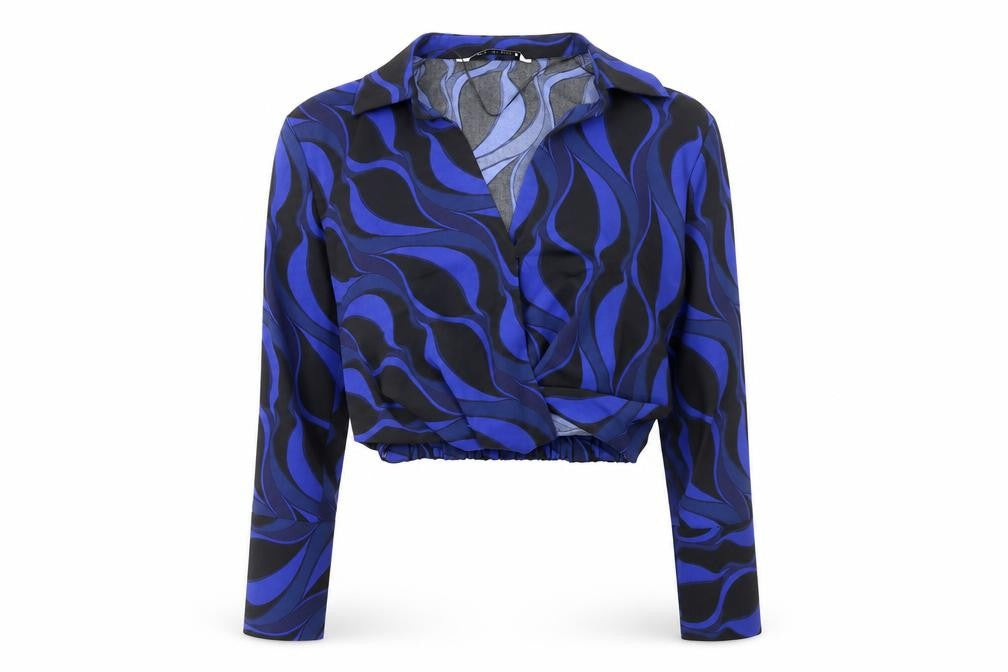 Zara Womens Blue Geometric Polyester Cropped Blouse Size XS Collared - Faux Wrap