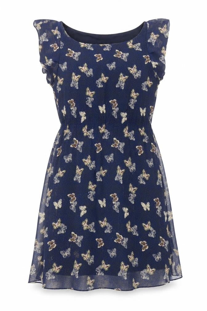 Yumi Womens Blue Geometric Polyester A-Line Size 12 Boat Neck Pullover - Butterfly Print