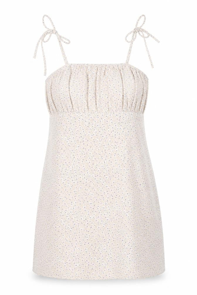 Front view of Missguided women’s beige floral polyester mini, size UK 14, square neck zip