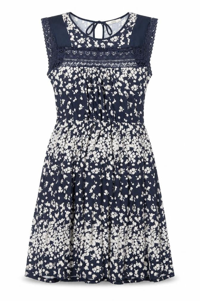 Oasis Womens Blue Floral Viscose A-Line Size M Boat Neck Pullover - Lace Trim