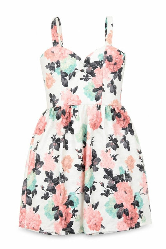Front view of Select women’s multicoloured floral polyester tank dress, size UK 10, sweetheart pullover