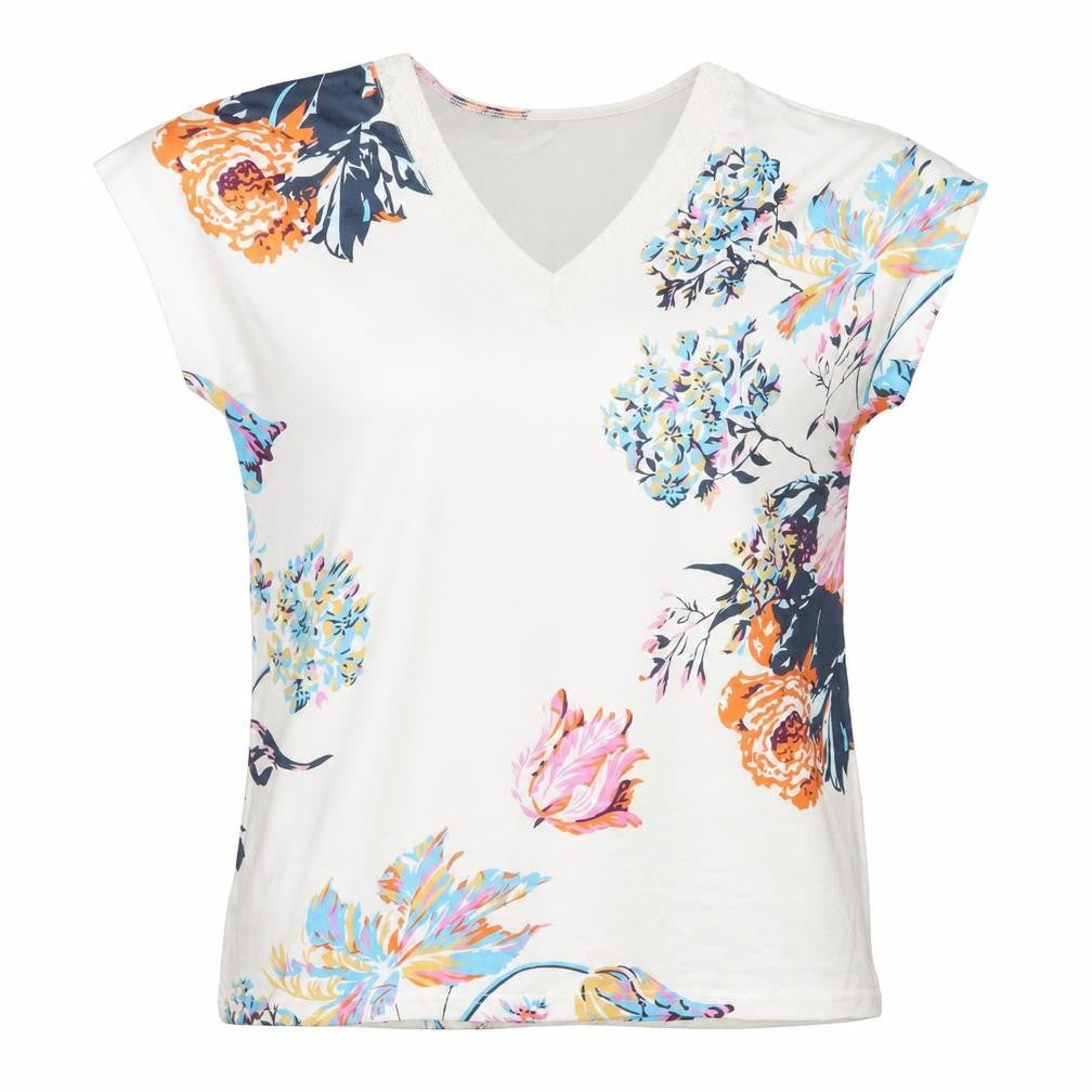Preworn Womens Ivory Floral Polyester Basic T-Shirt Size M V-Neck - Lace Trim